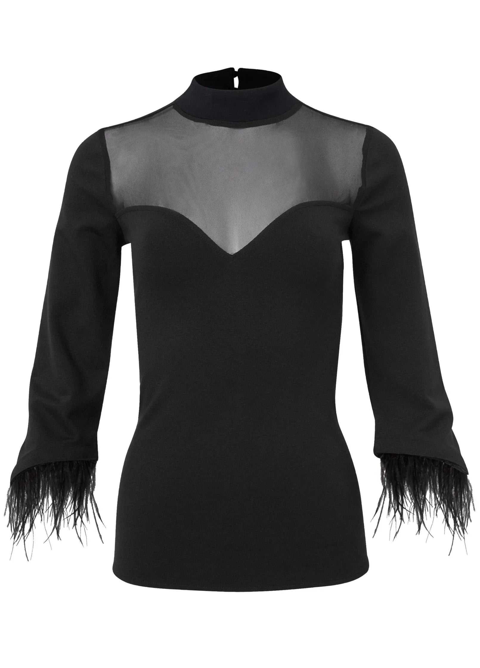 Feather Cuff Mock Neck Top Black