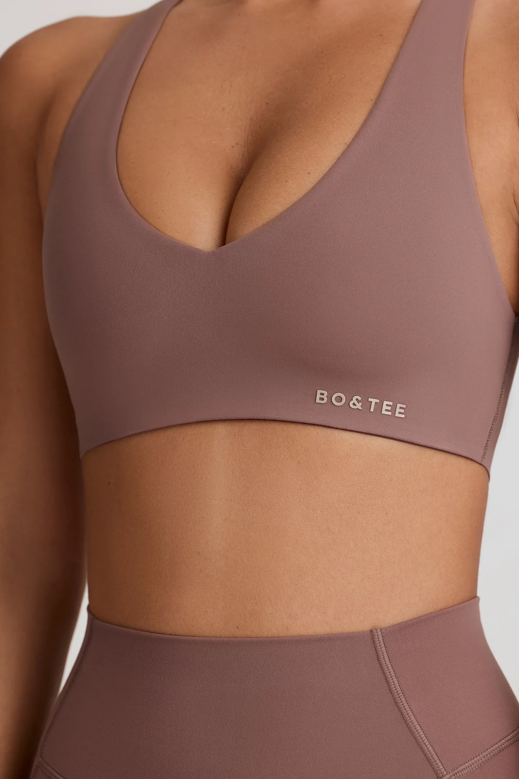 Soft Active V Neck Sports Bra in Mocha