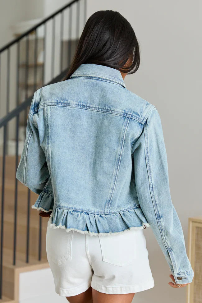 Eden Light Wash Ruffled Hem Denim Jacket