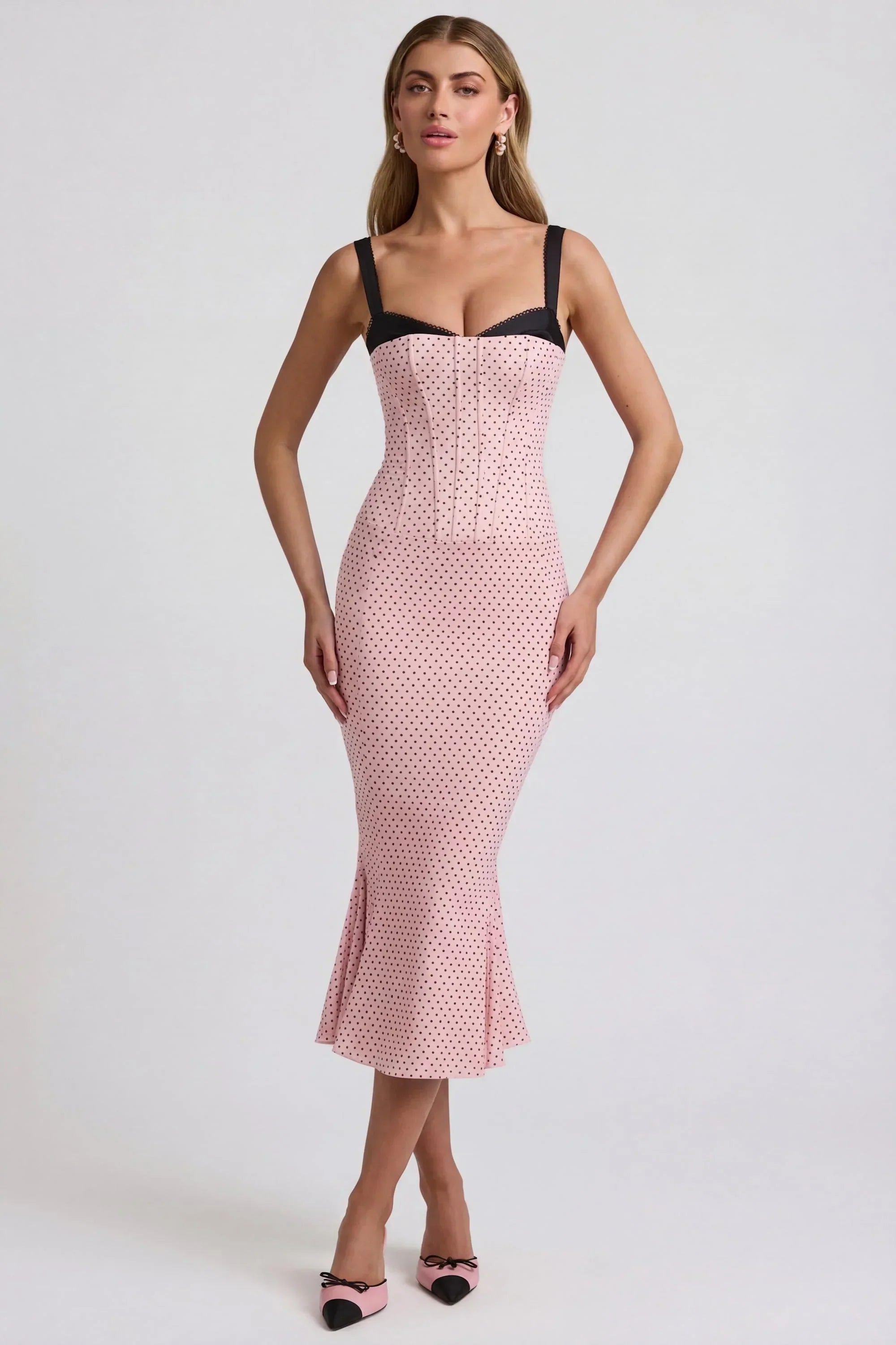 Layered Bra Detail Fishtail Midaxi Dress in Pink Polka Dot