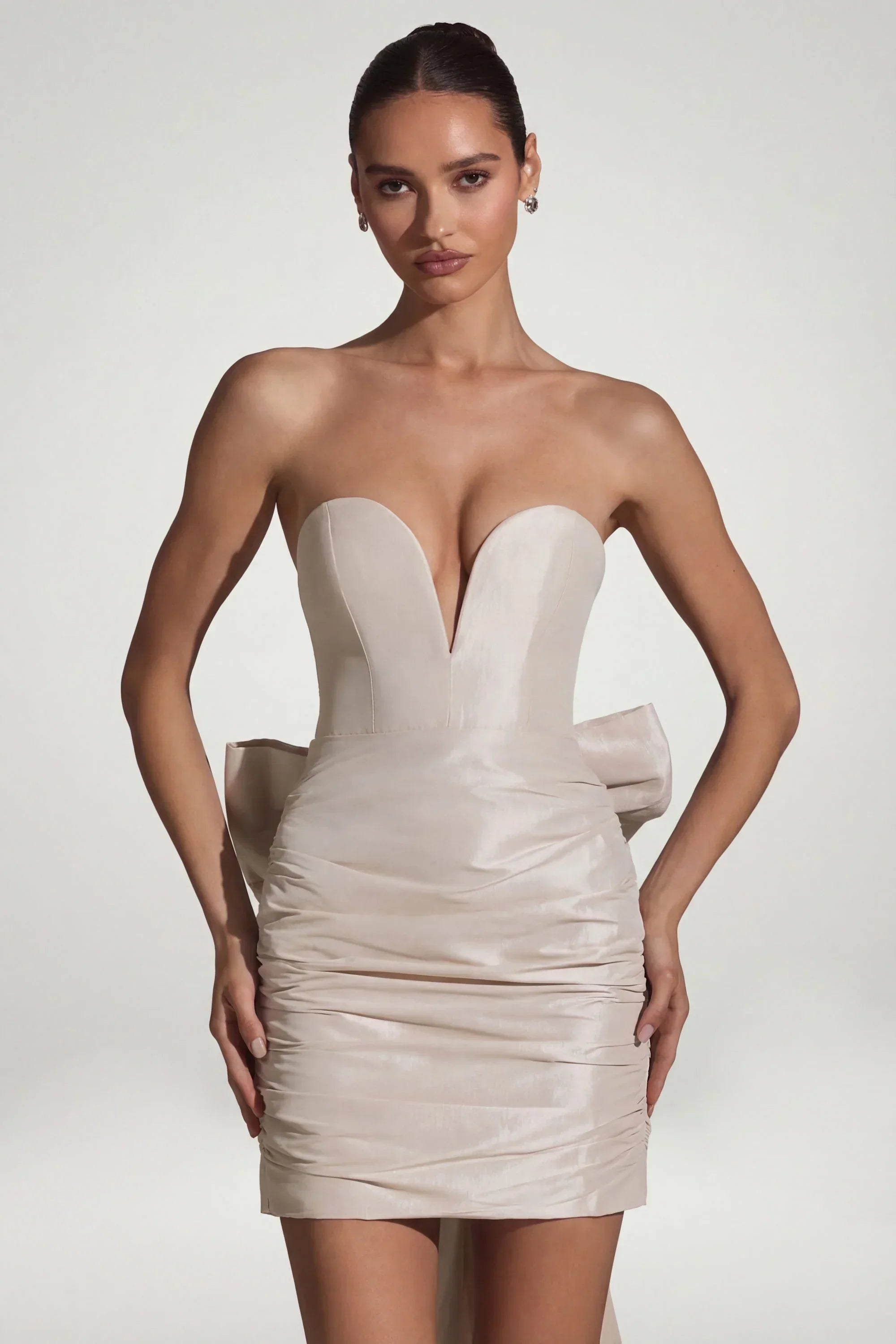 Satin Bow Detail Strapless Mini Dress in Ivory
