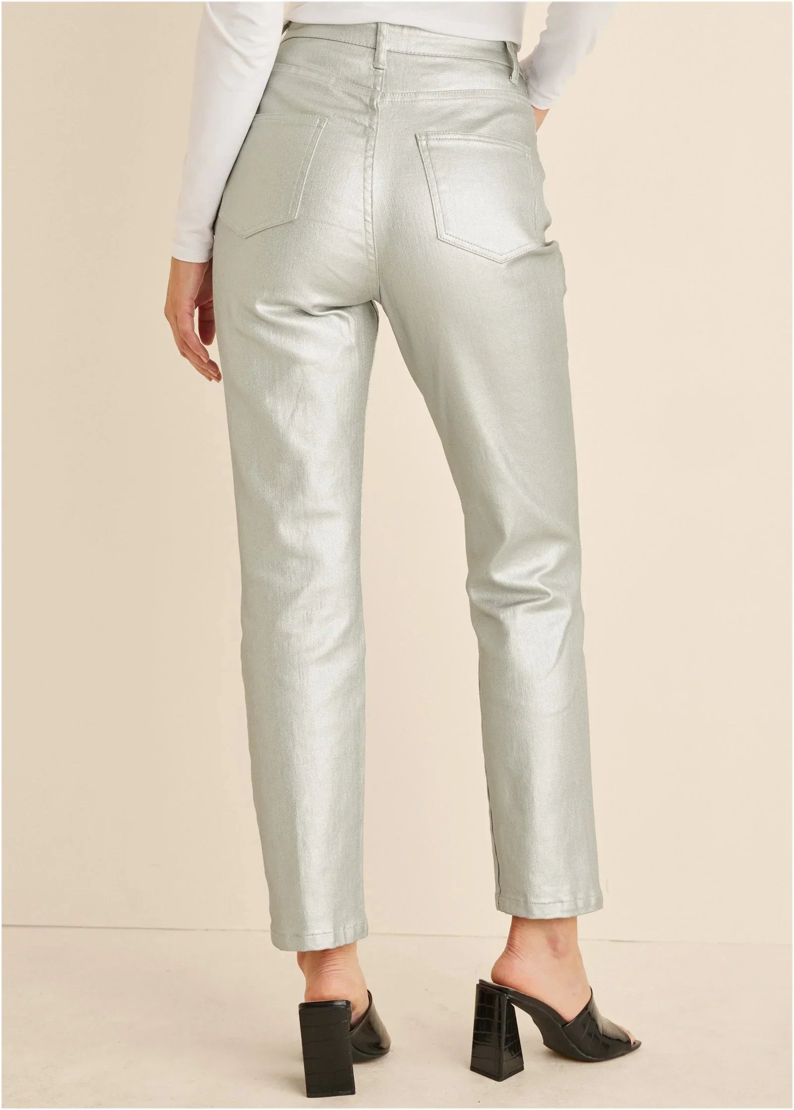 Metallic Straight Leg Jeans Silver Metallic