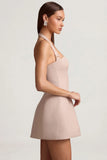 Pinstripe Halterneck Structured A Line Mini Dress in Mushroom