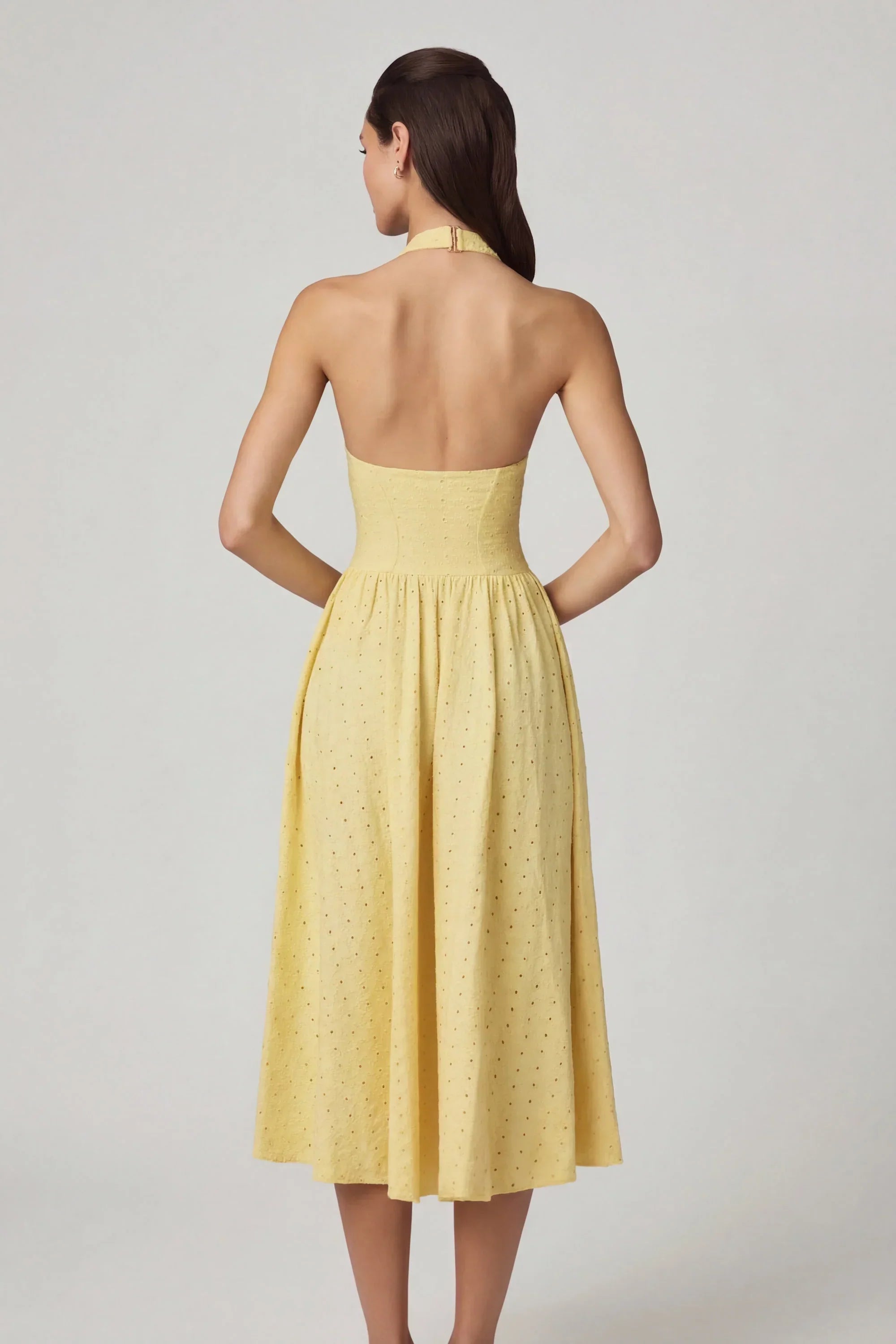 Modal Broderie Anglaise Halterneck Midaxi Dress in Lemon Yellow
