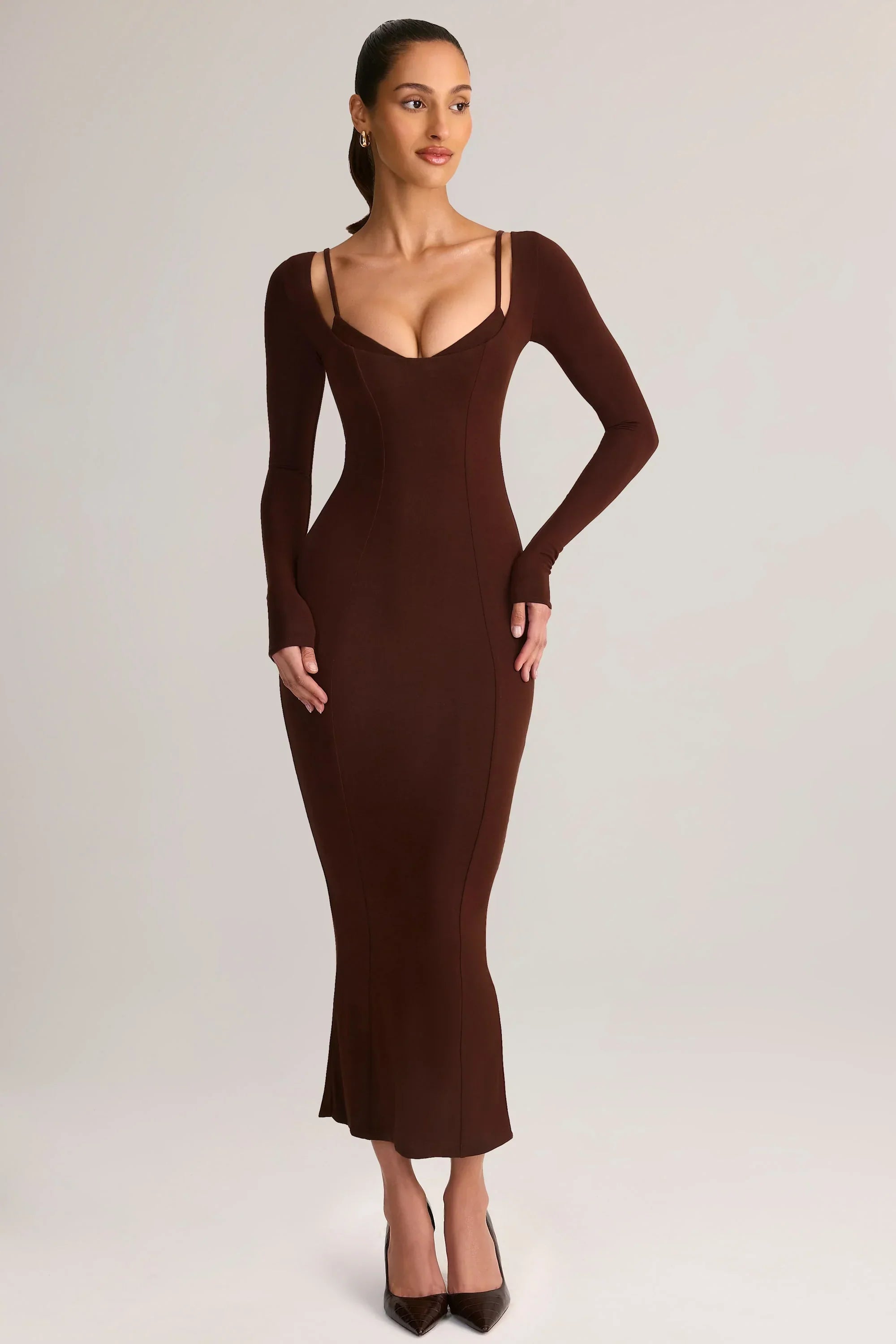 Modal Peekaboo Long Sleeve Midi Dress in Chocolate Brown