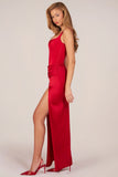 Corseted Thigh High Split Maxi Dress in Rose Red