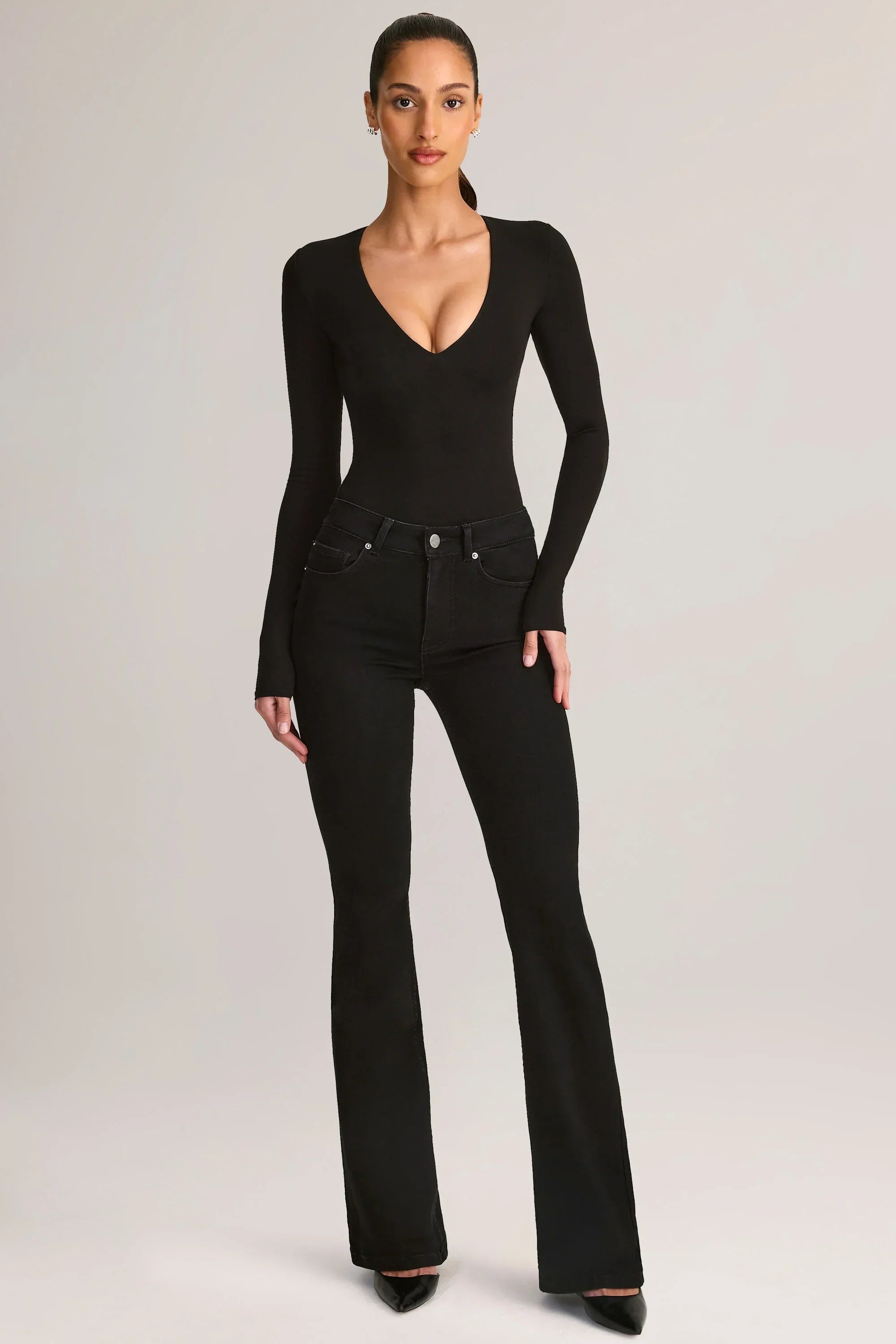 Denim Mid Rise Flared Jeans in Black