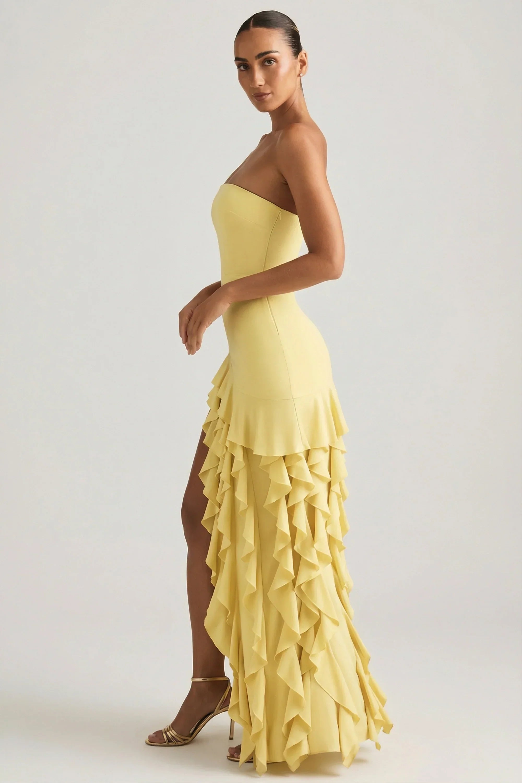 Ruffle Trim Strapless Gown in Pastel Yellow