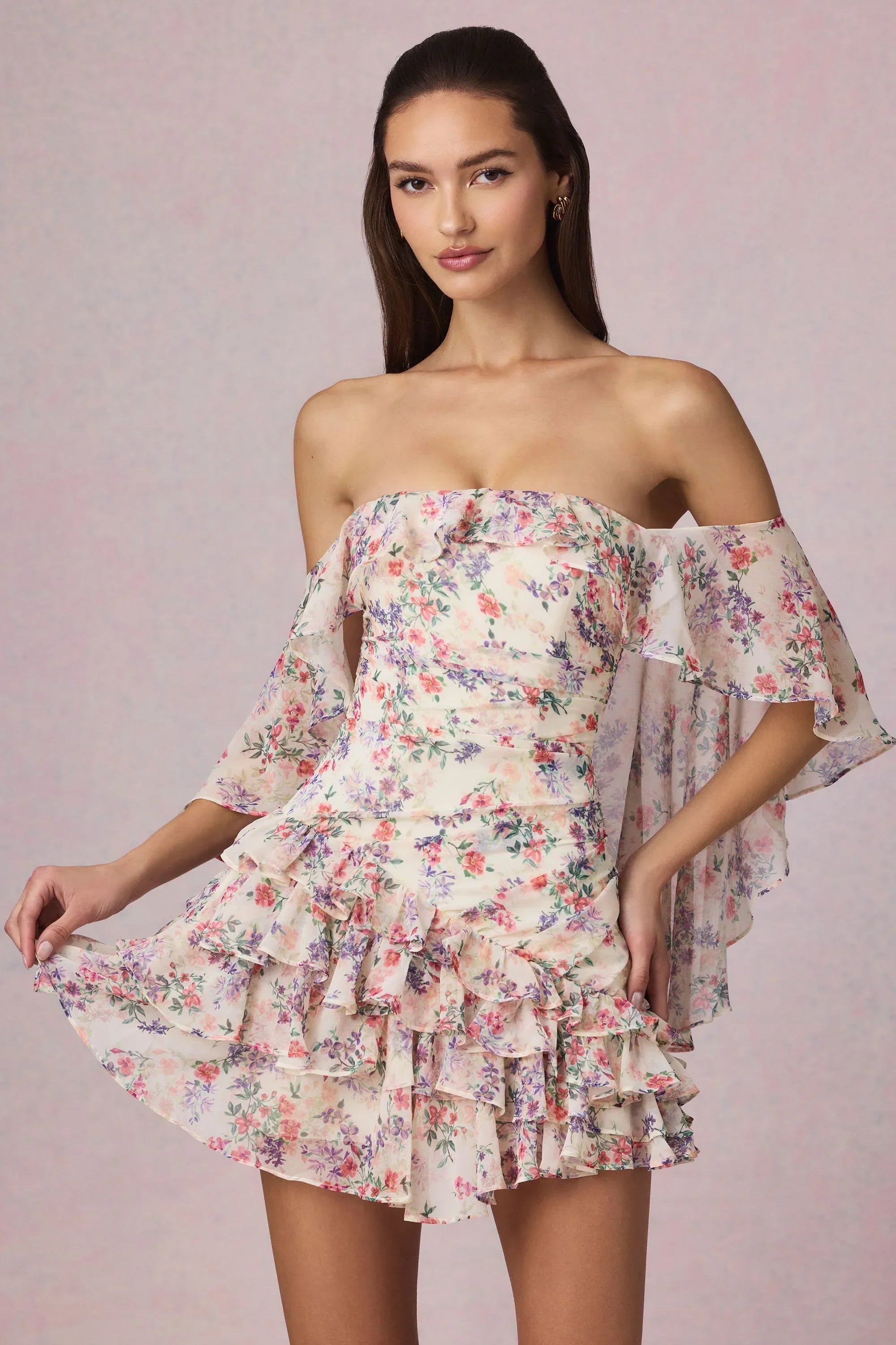 Off Shoulder Ruffled Mini Dress in Primrose Floral Print