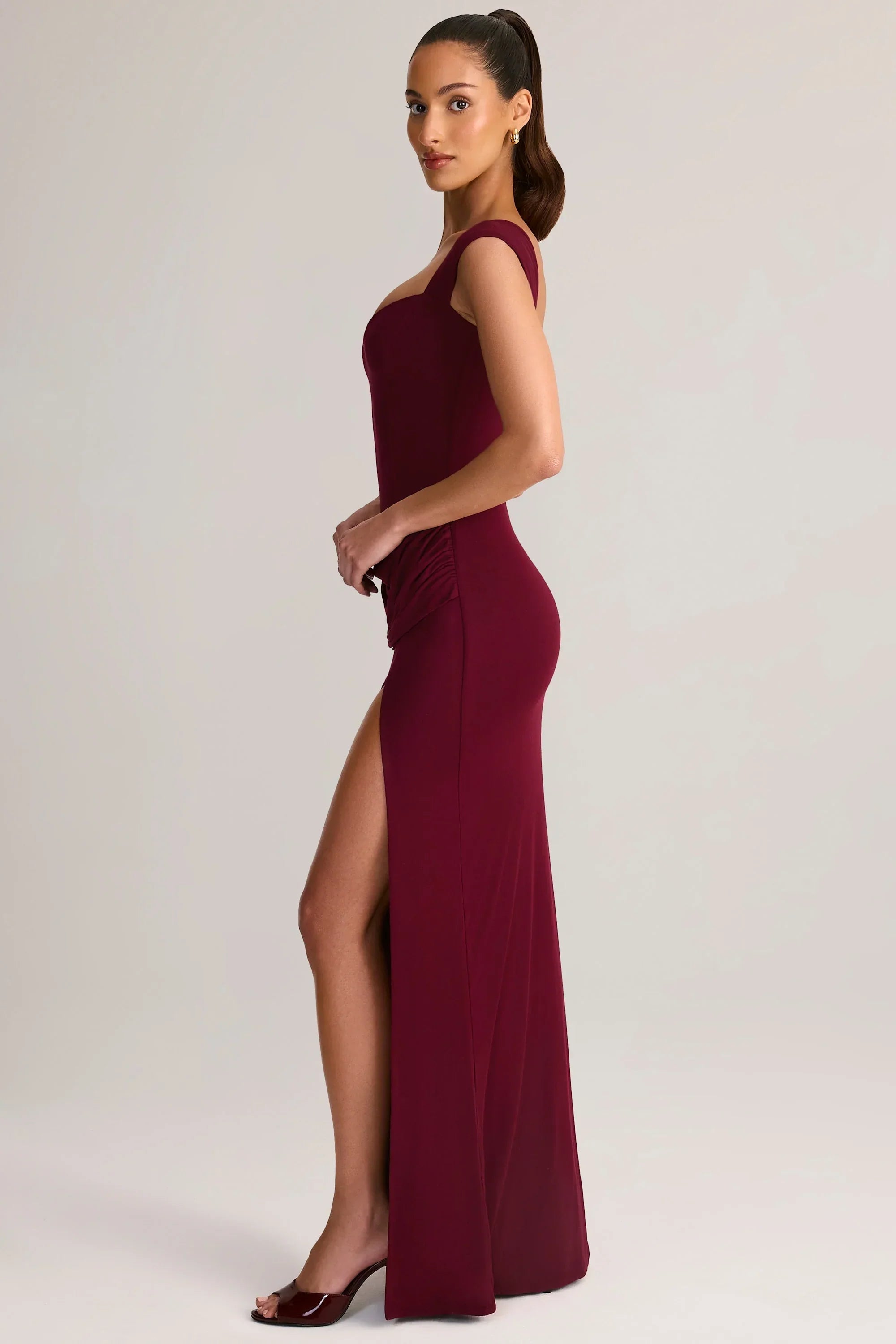 Modal Sweetheart Neck Cowl Waist Maxi Dress in Wine