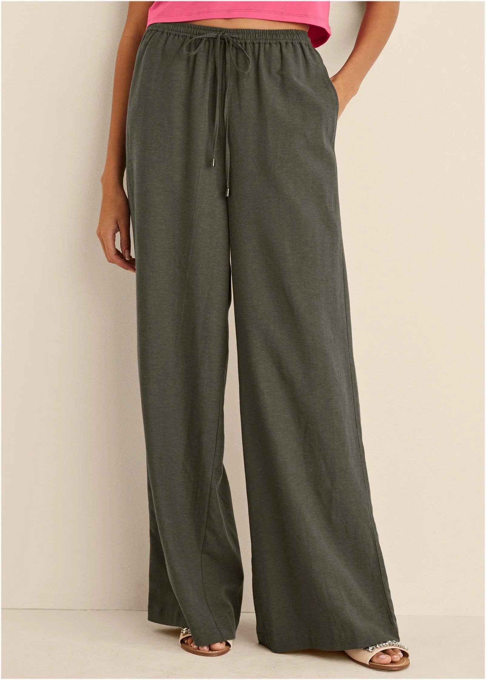 Linen Wide Leg Pants Olive