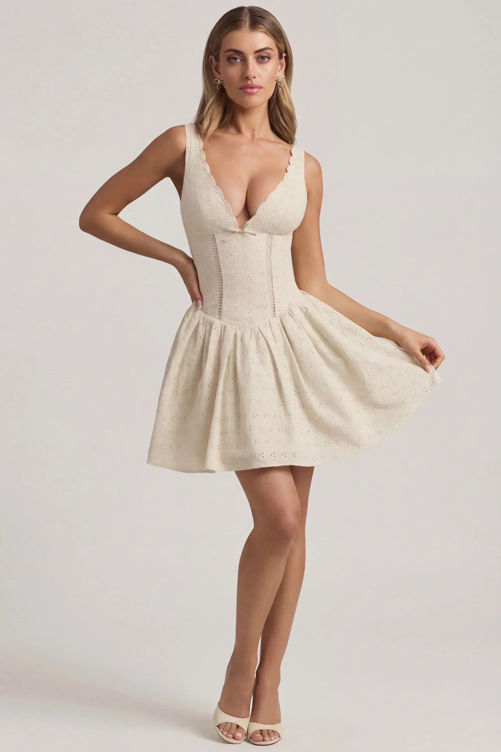 Broderie Anglaise Bow Detail A Line Mini Dress in Ivory