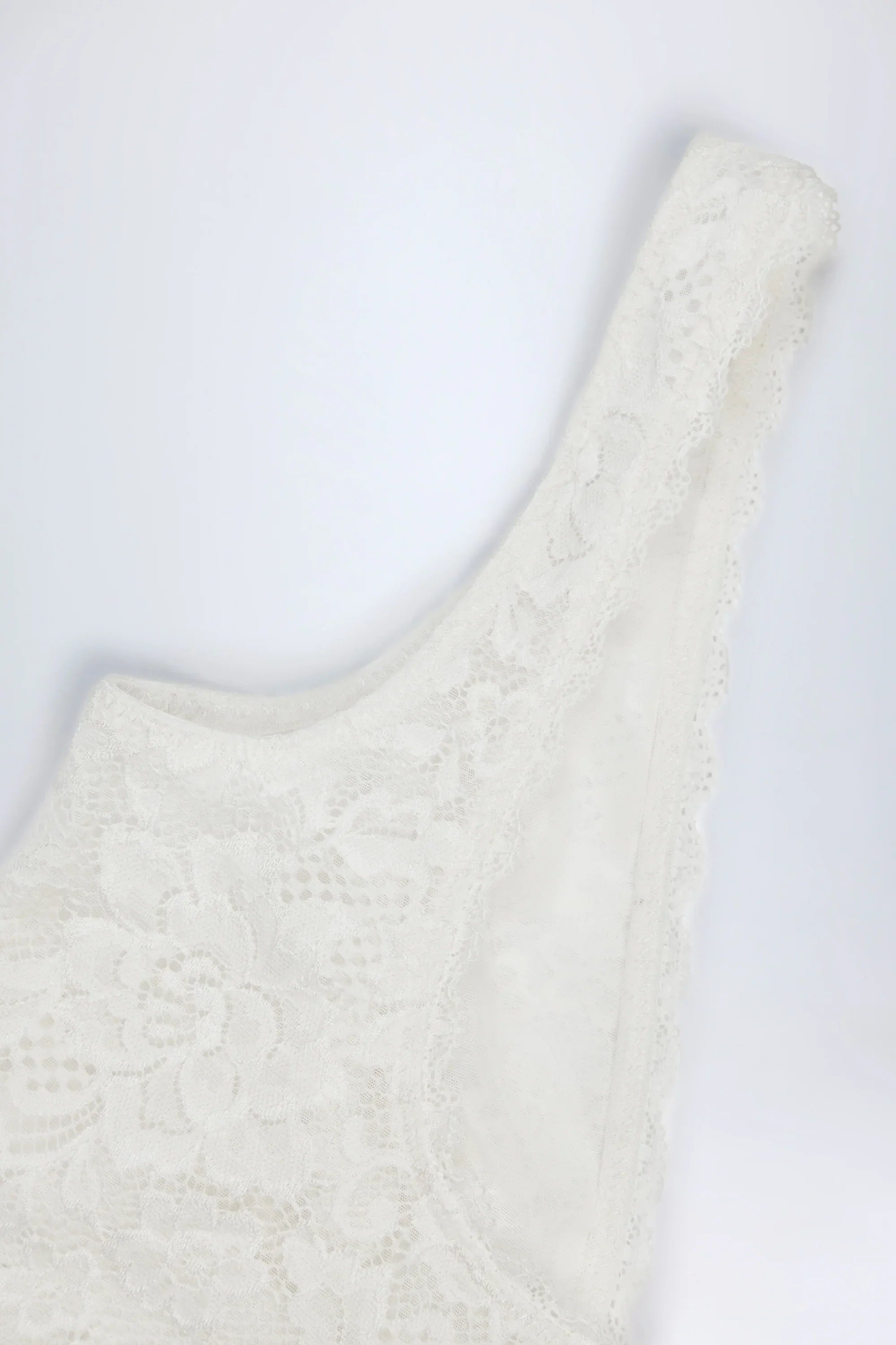 Sheer Lace Scalloped Plunge Neck Bodysuit in White