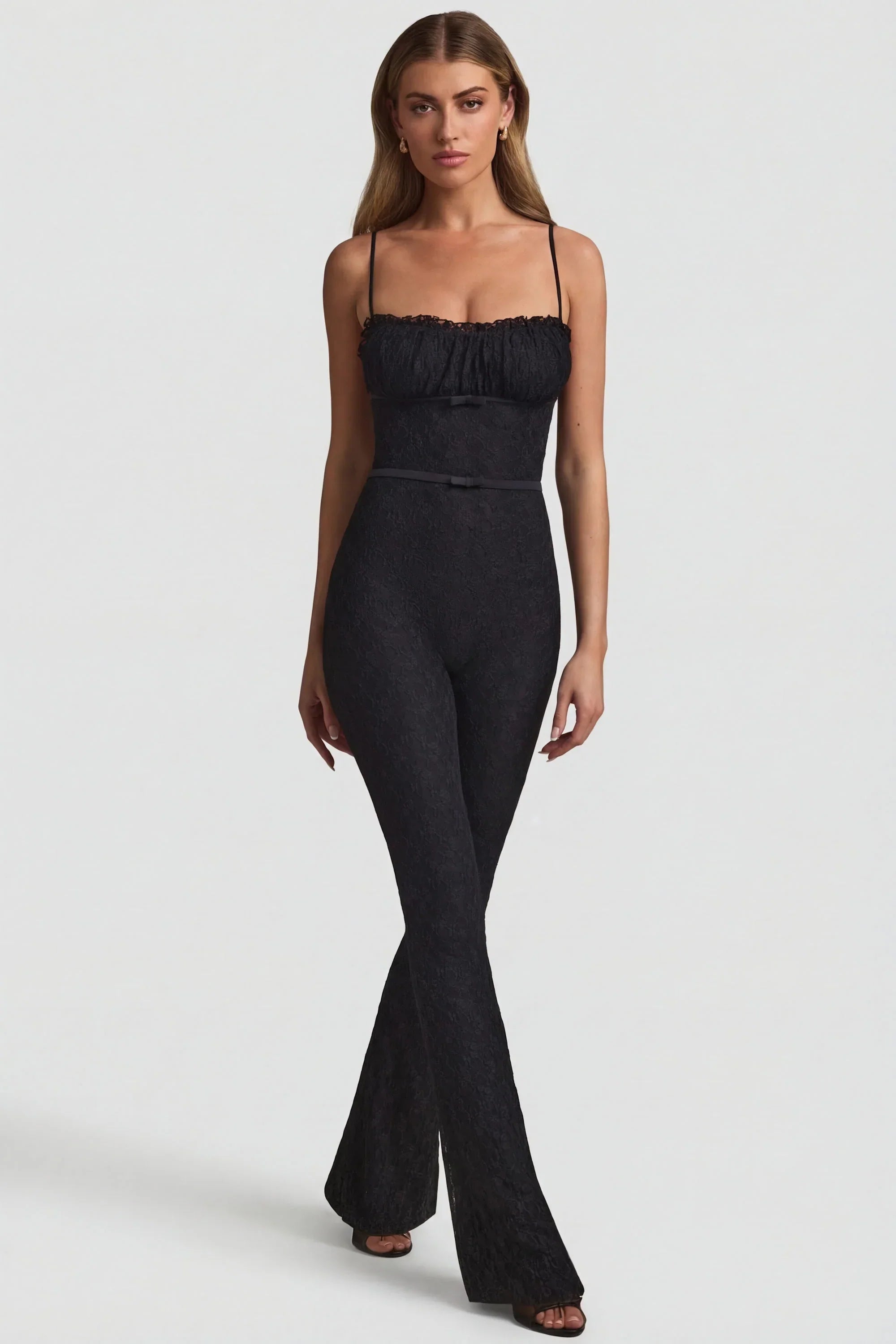 Bow Detail Lace Flared Jumpsuit in Black