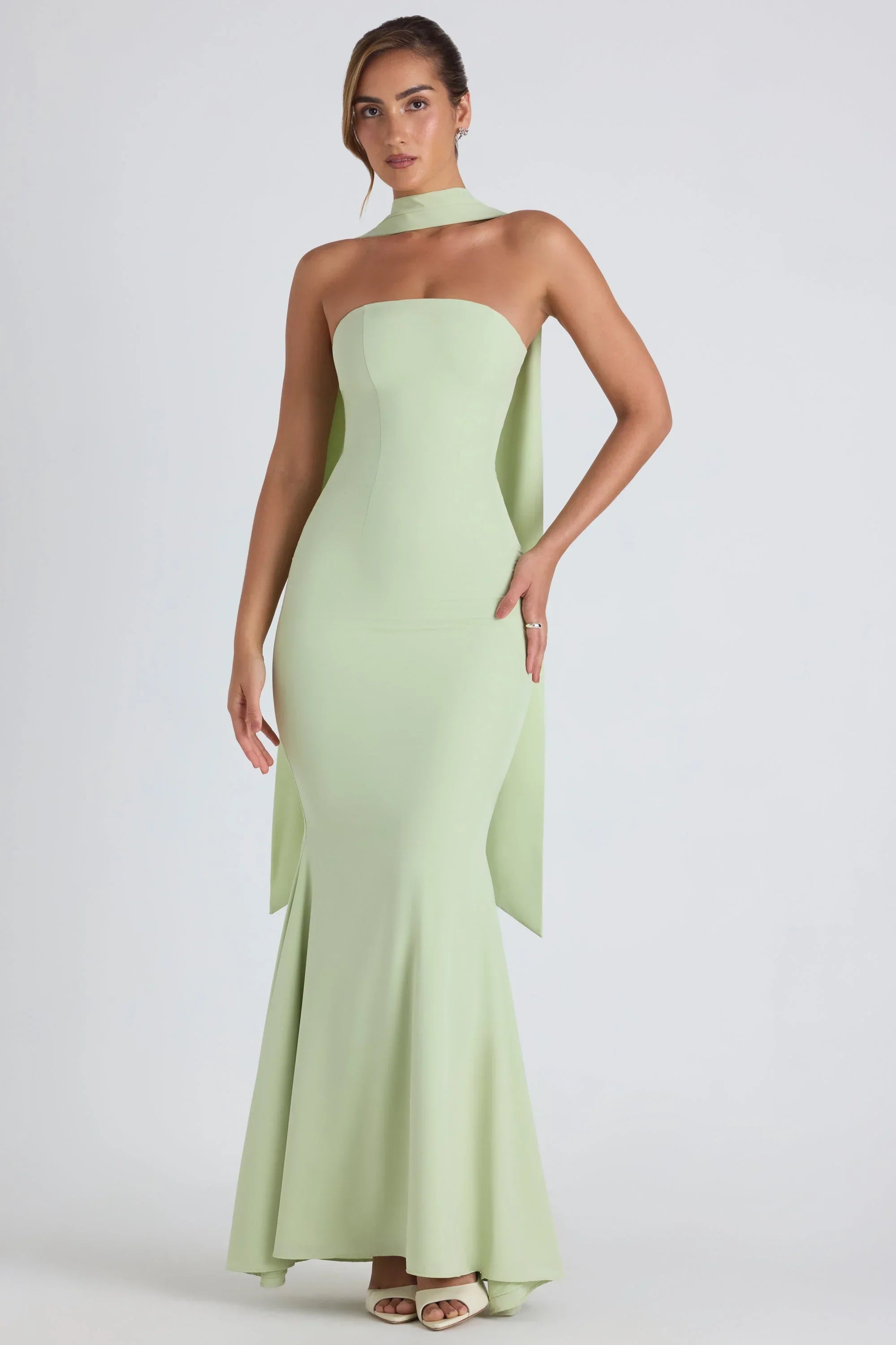 Scarf Detail Strapless Gown in Spring Green
