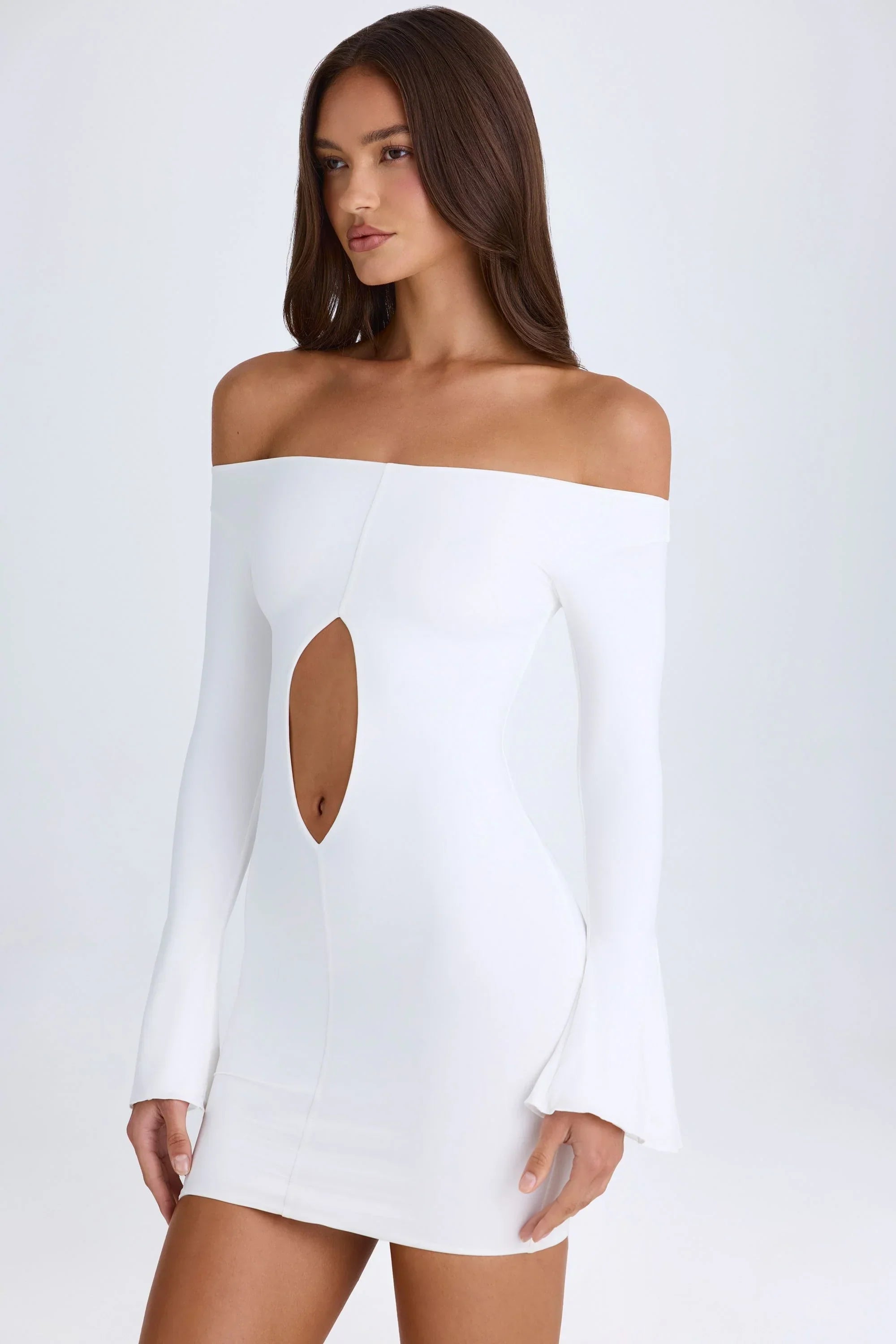 Off Shoulder Cut Out Mini Dress in White