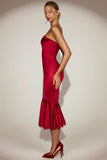 Satin Lace Trim Bandeau Fluted Midaxi Dress in True Red