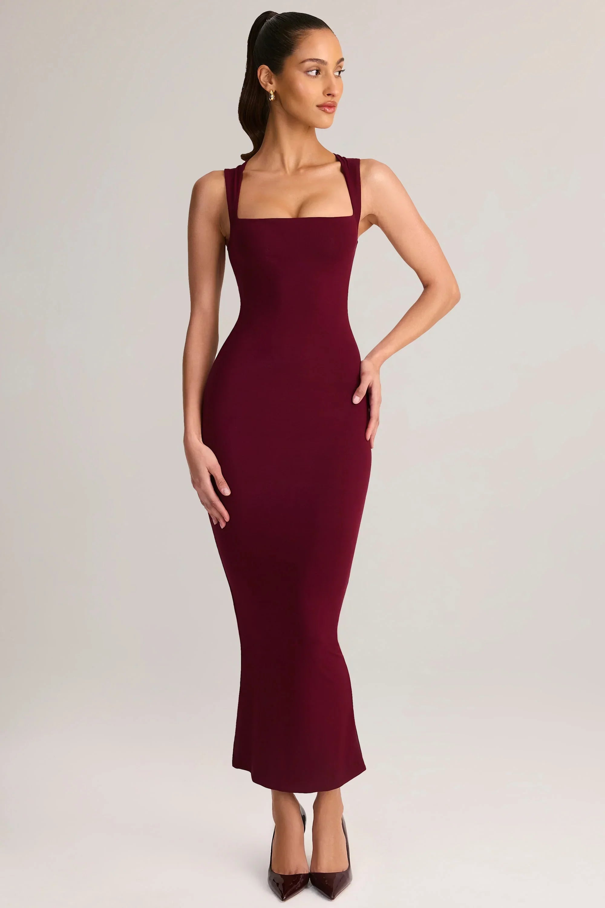Modal Square Neck Bodycon Midi Dress in Wine