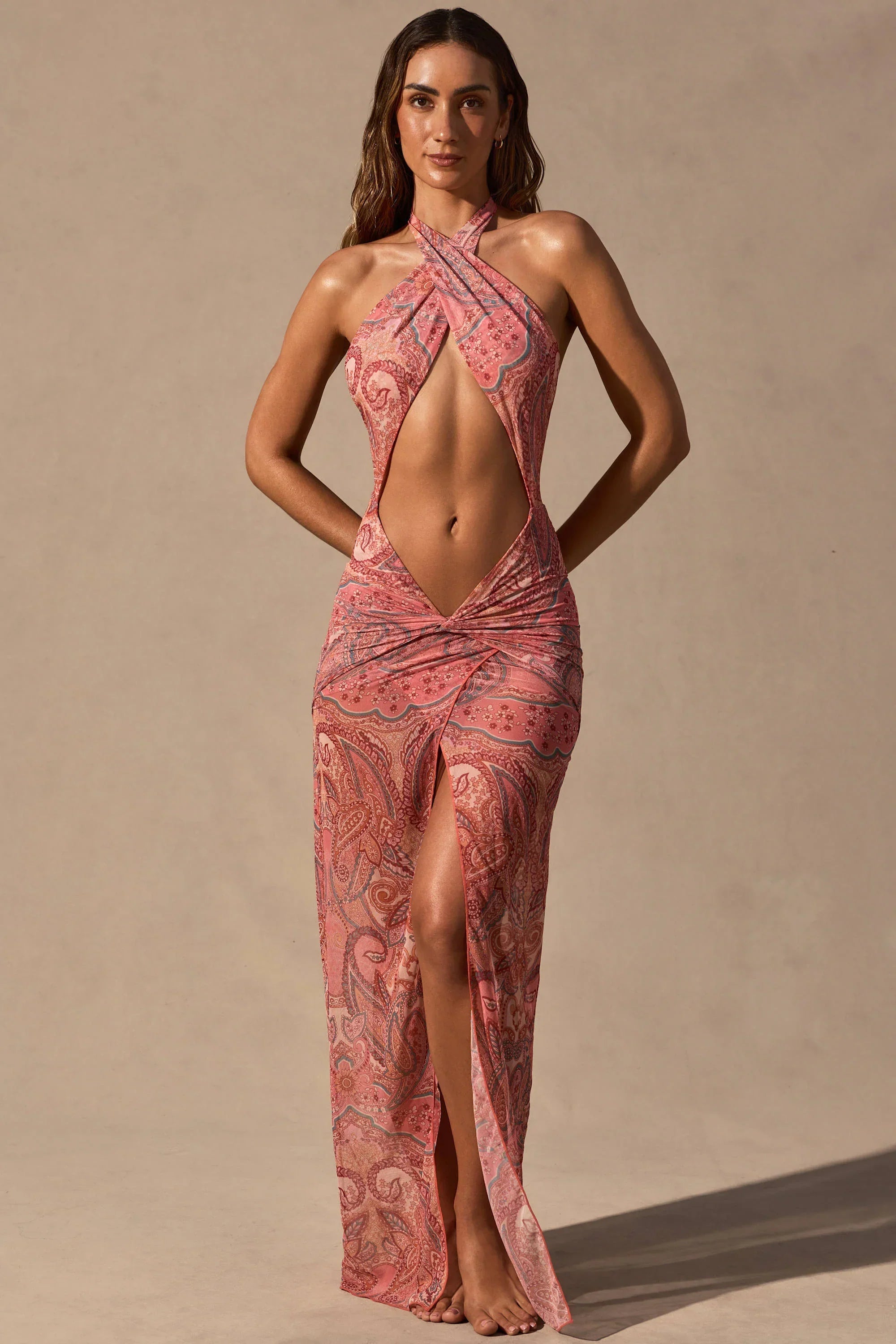 Cut Out Halterneck Maxi Dress in Paisley Print