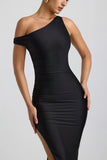 Ruched Asymmetric One Shoulder Maxi Dress in Black