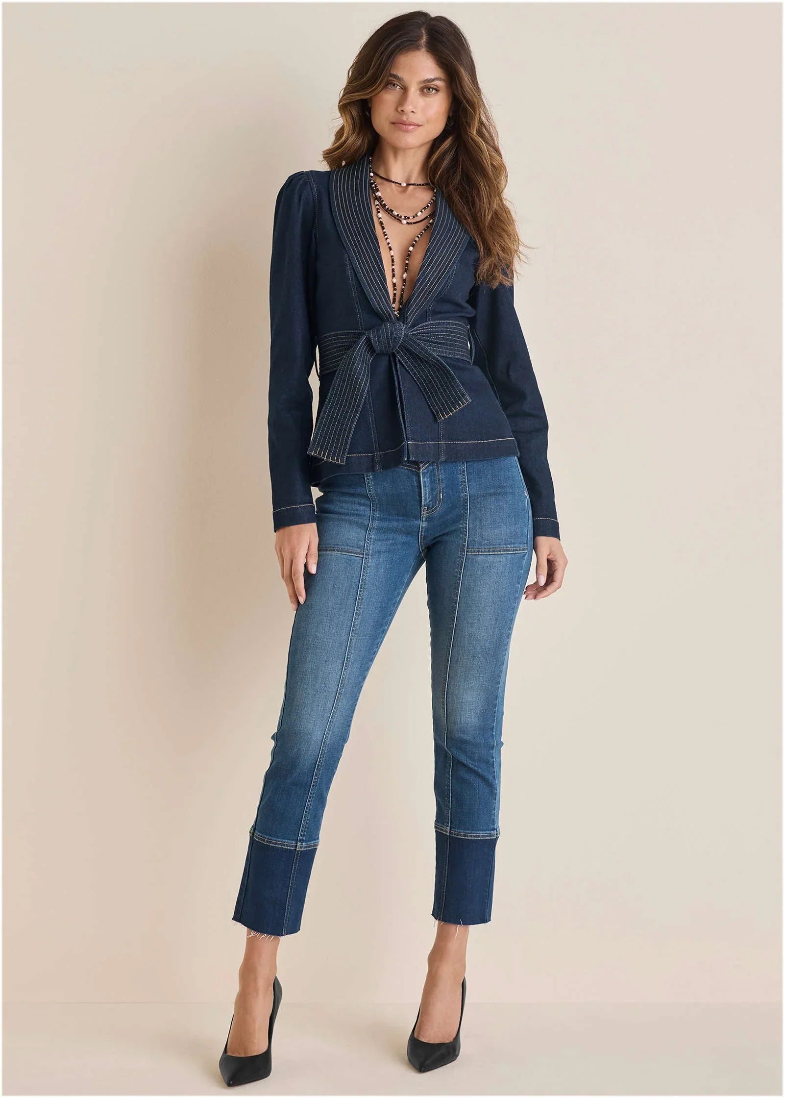 Puff Shoulder Denim Blazer Dark Wash