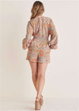 Linen Tie Waist Romper Medallion Golden Patchwork