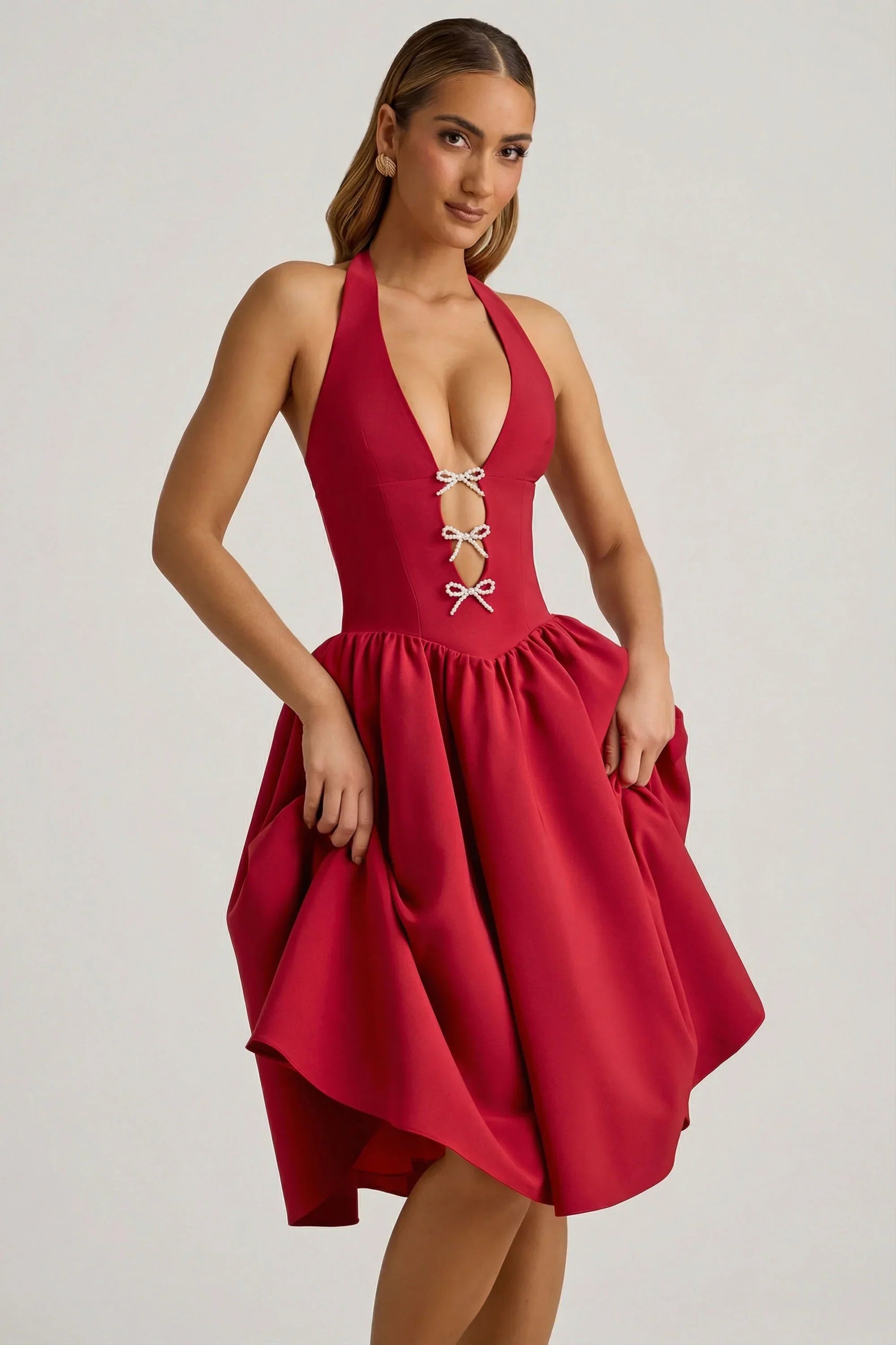 Halterneck Bow Detail Midi Dress in True Red