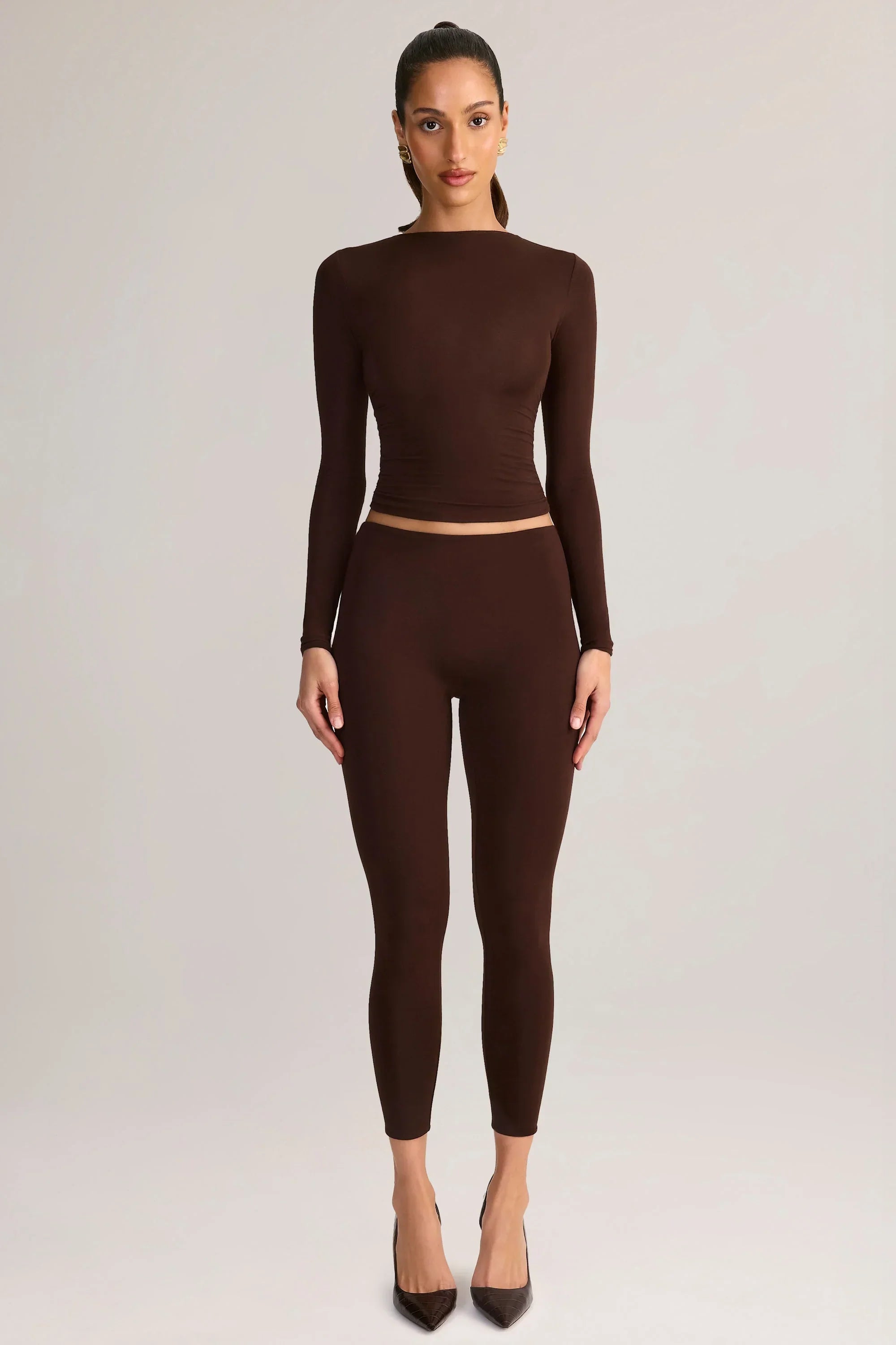 Modal Mid Rise Cropped Leggings in Chocolate Brown