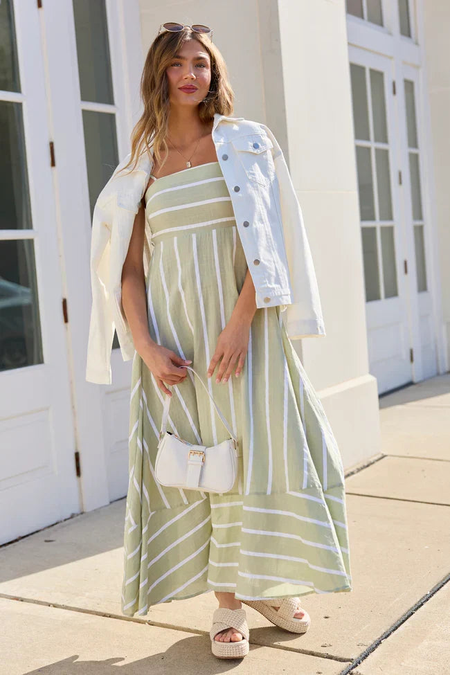 Come Sail Away Sage Striped Maxi Dress SALE