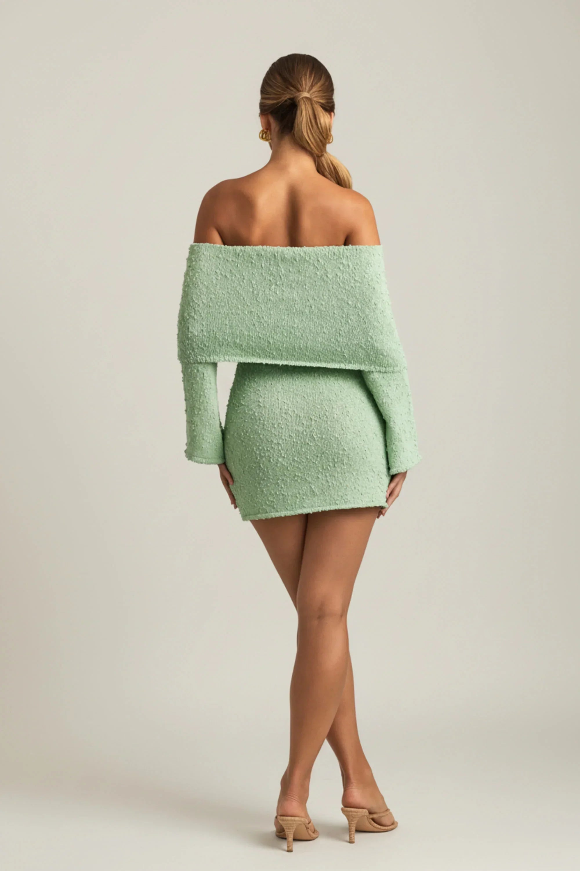 Bouclé Off Shoulder Mini Dress in Mint