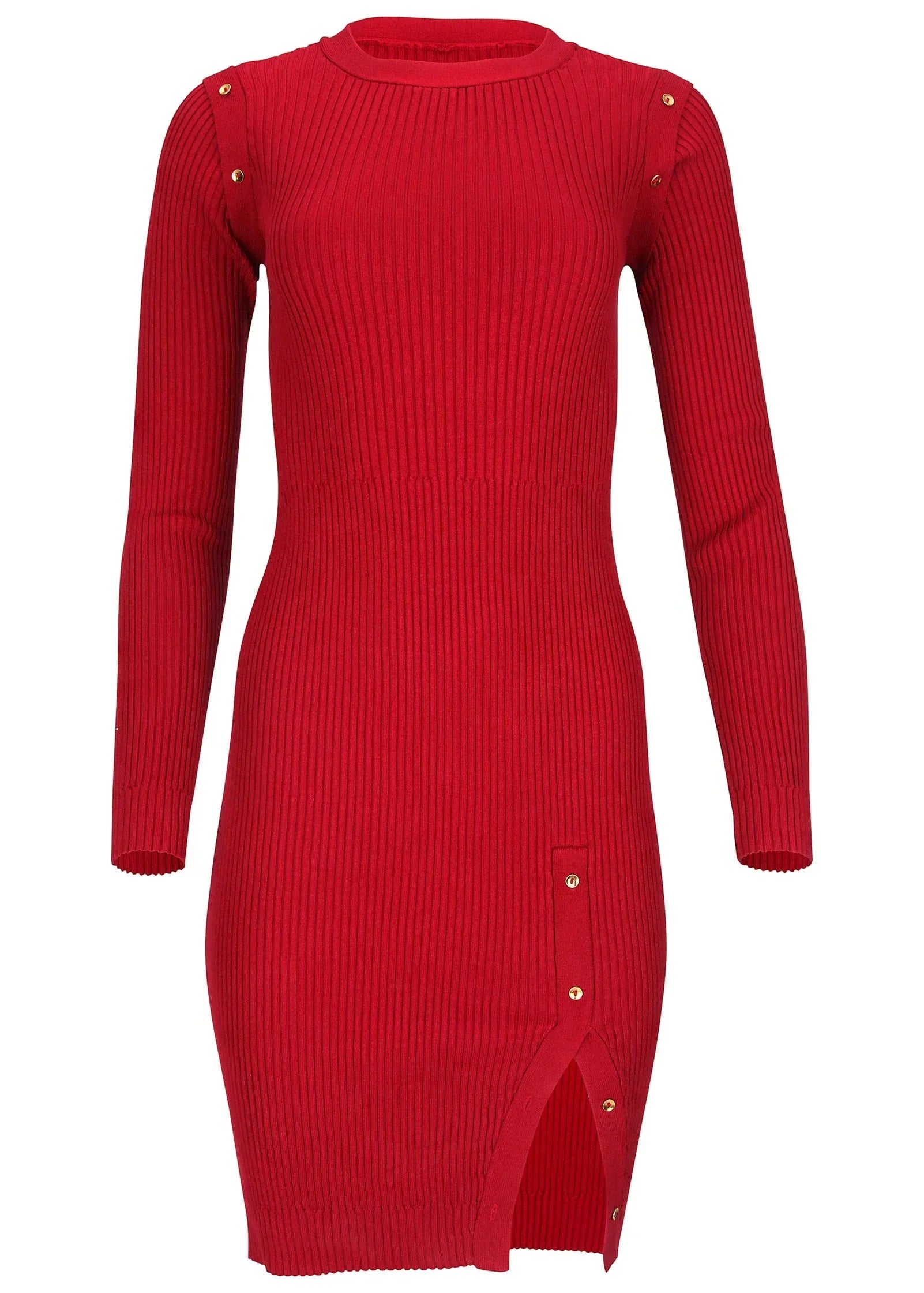 Button Detail Sweater Dress Equestrian Red