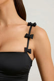 Bow Detail Ruched Bubble Hem Mini Dress in Black