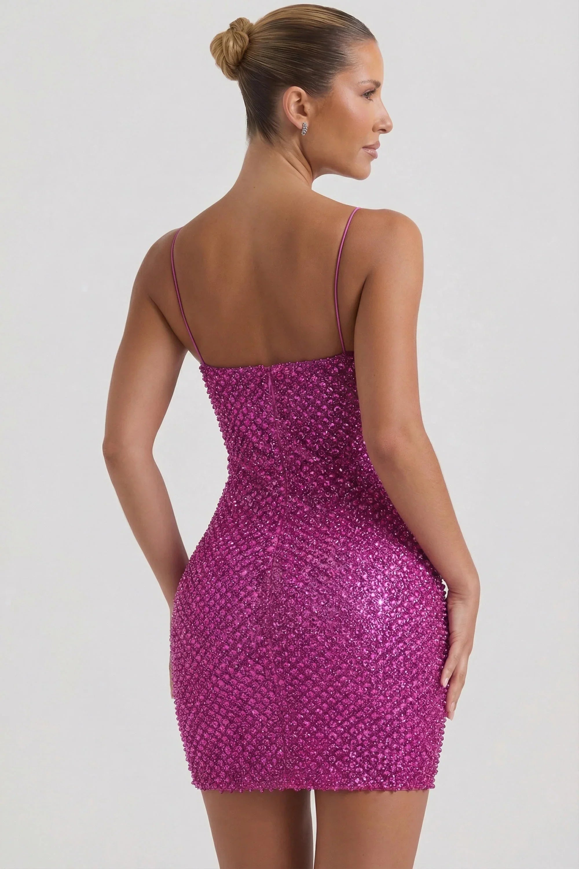 Embellished Sweetheart Neck Mini Dress in Magenta