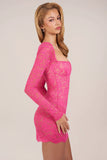 Sheer Scalloped Lace Long Sleeve Mini Dress in Hot Pink