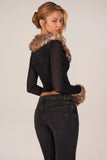 Faux Fur Trim Sheer Mesh Cardigan in Black