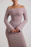 Ribbed Knit Off Shoulder Maxi Dress in Taupe