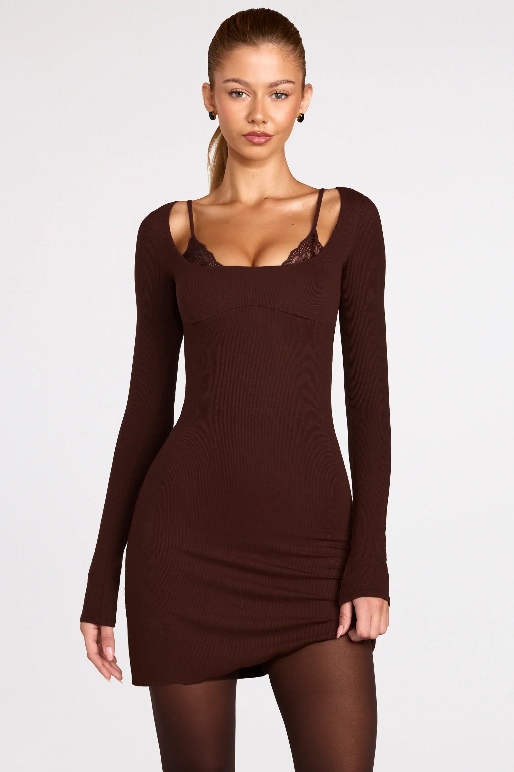 Ribbed Modal Long Sleeve Laced Bra Mini Dress in Chocolate Brown