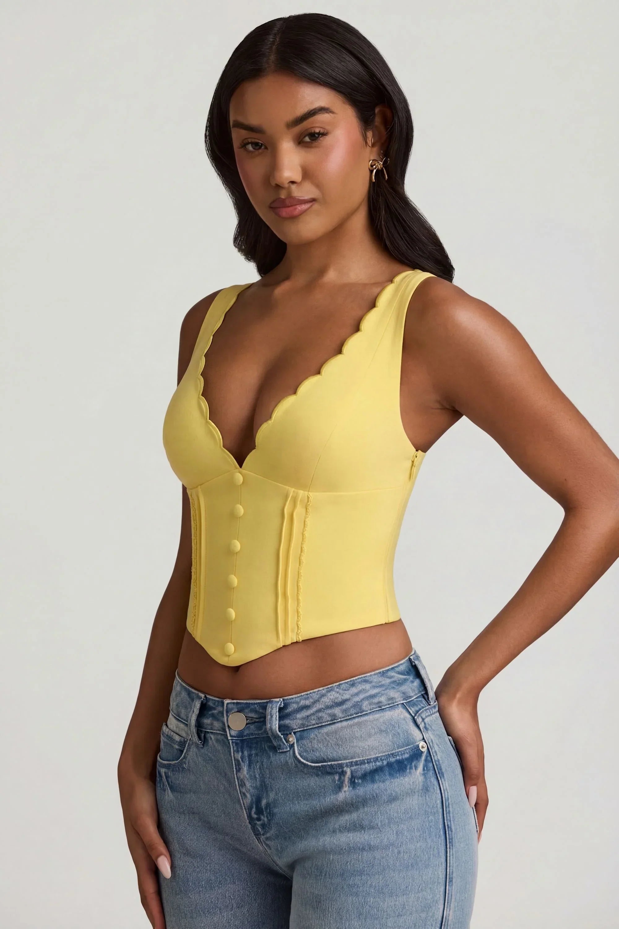 Plunge Neck Scalloped Corset Top in Pastel Yellow