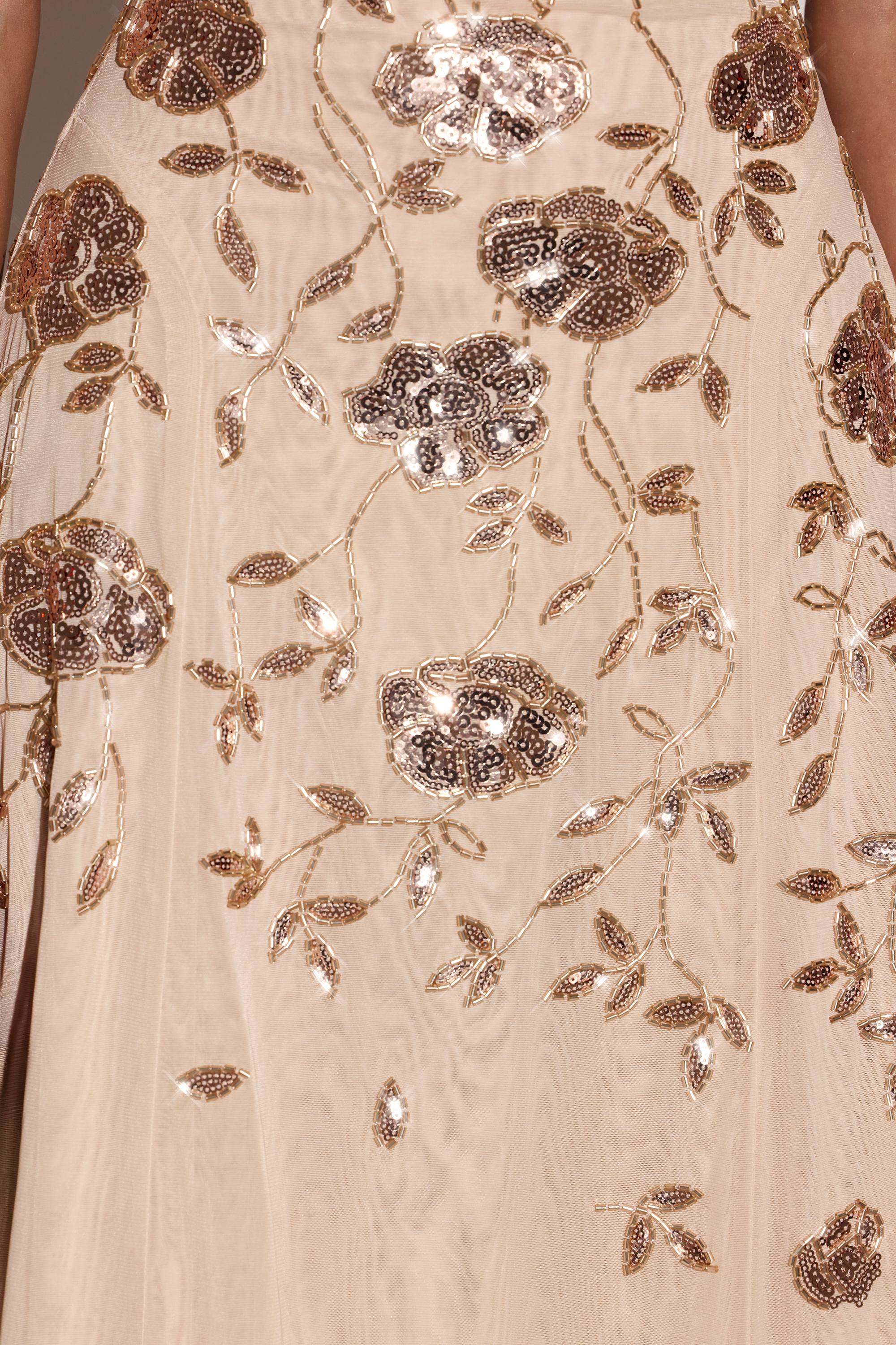 Embellished Soft Scoop Asymmetric Midaxi Dress in Gold