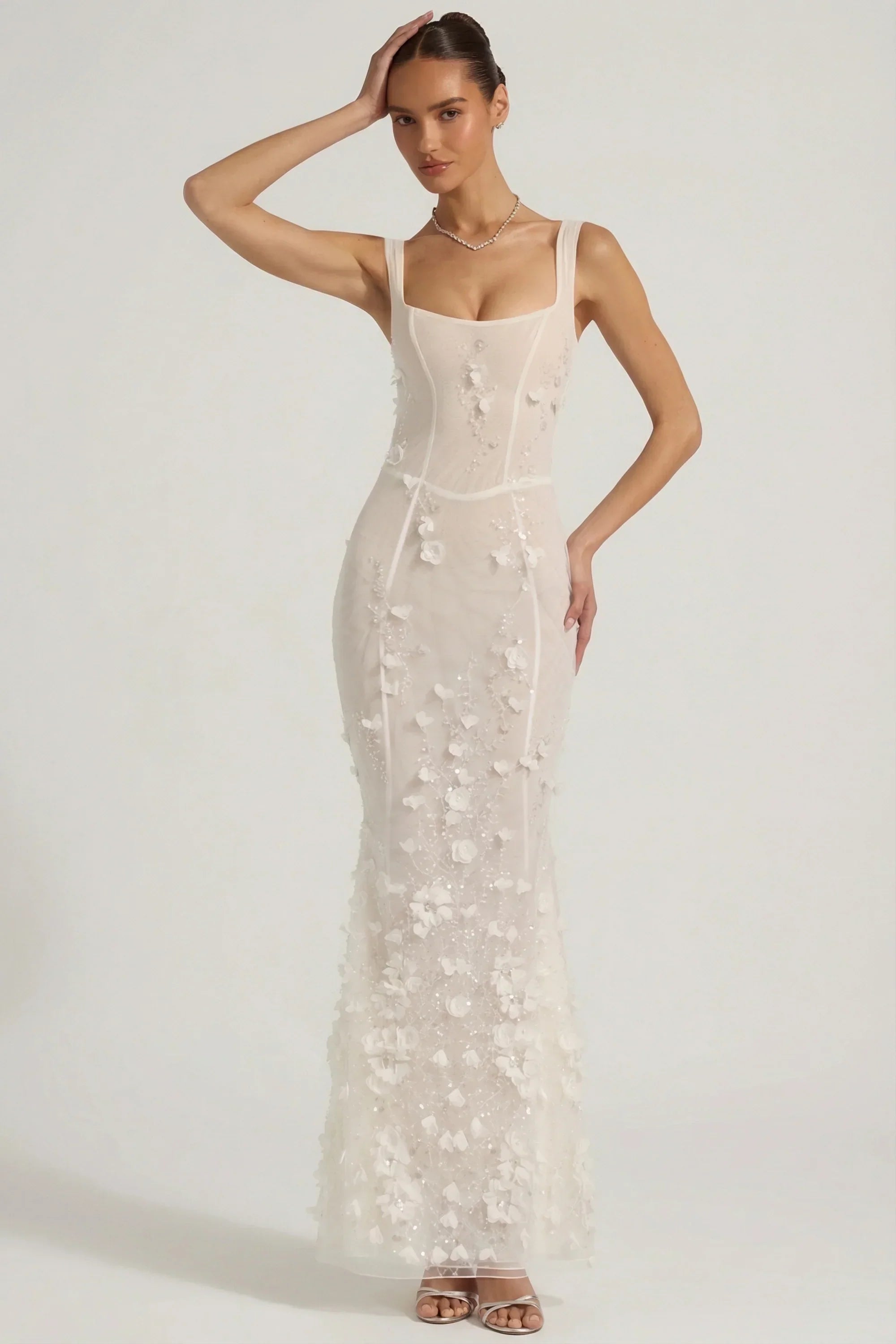 Embellished Appliqué Soft Scoop Corset Gown in White