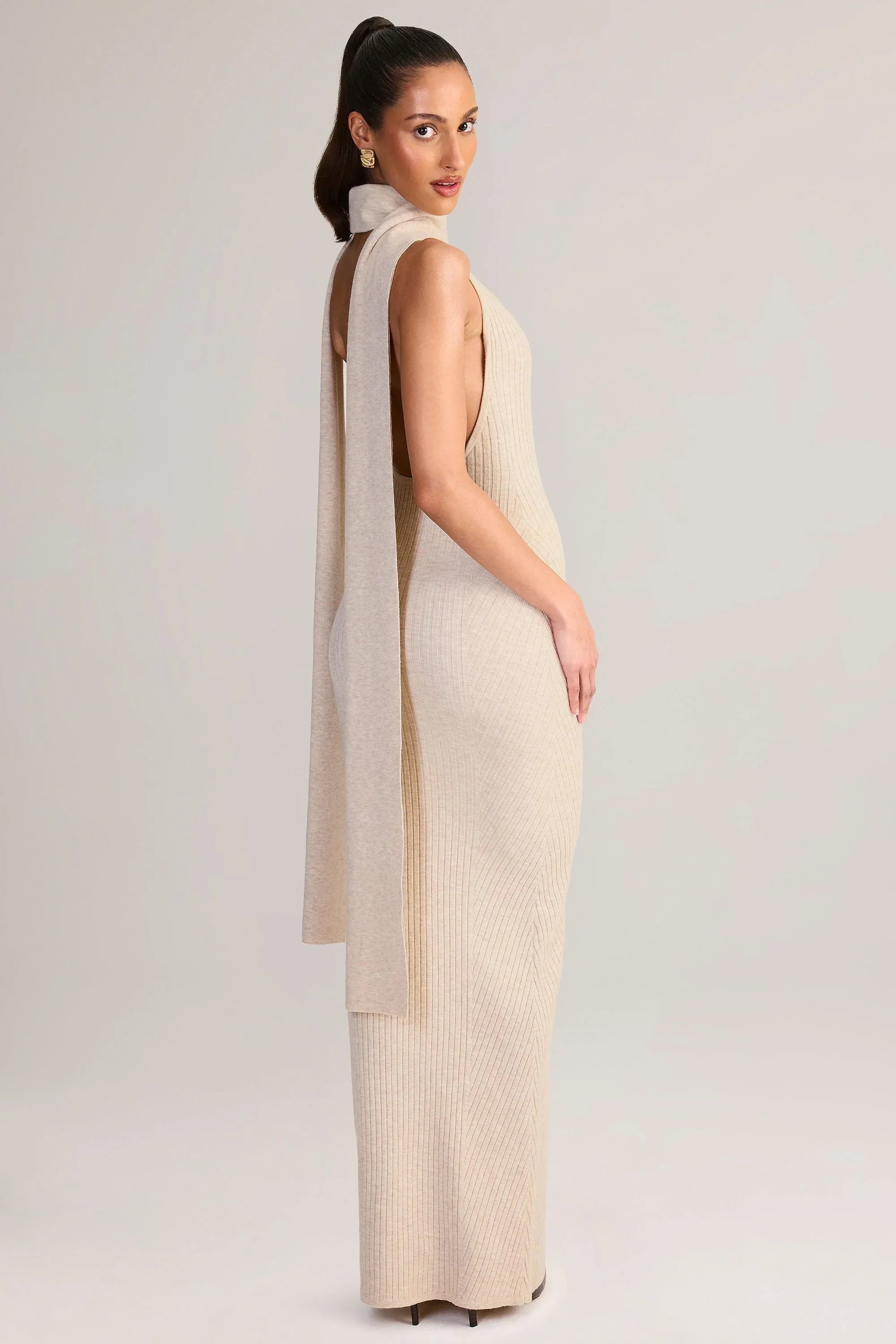 Rib Knit Scarf Detail Halterneck Maxi Dress in Cream