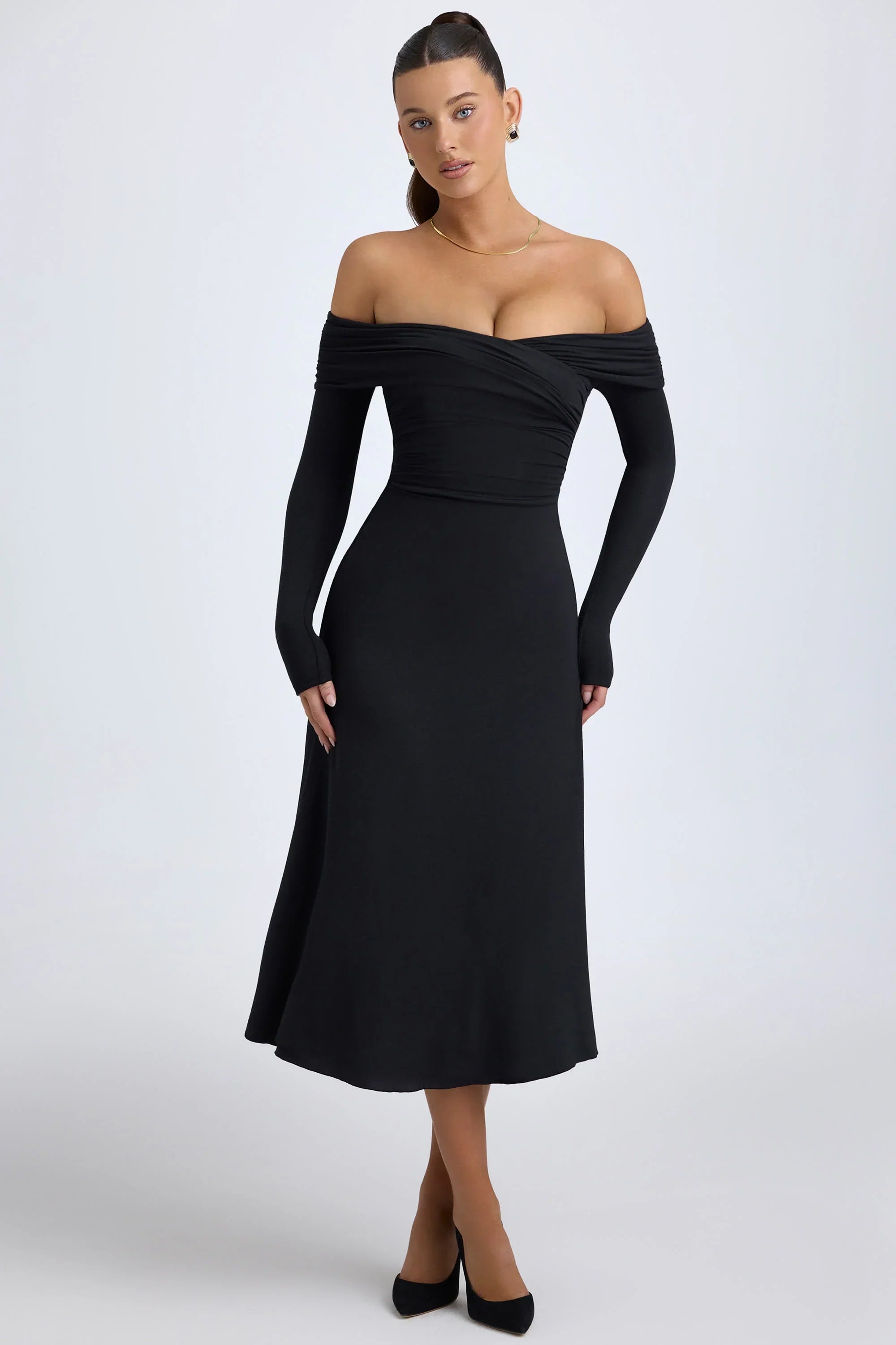 Modal Off Shoulder Ruched Midaxi Dress in Black