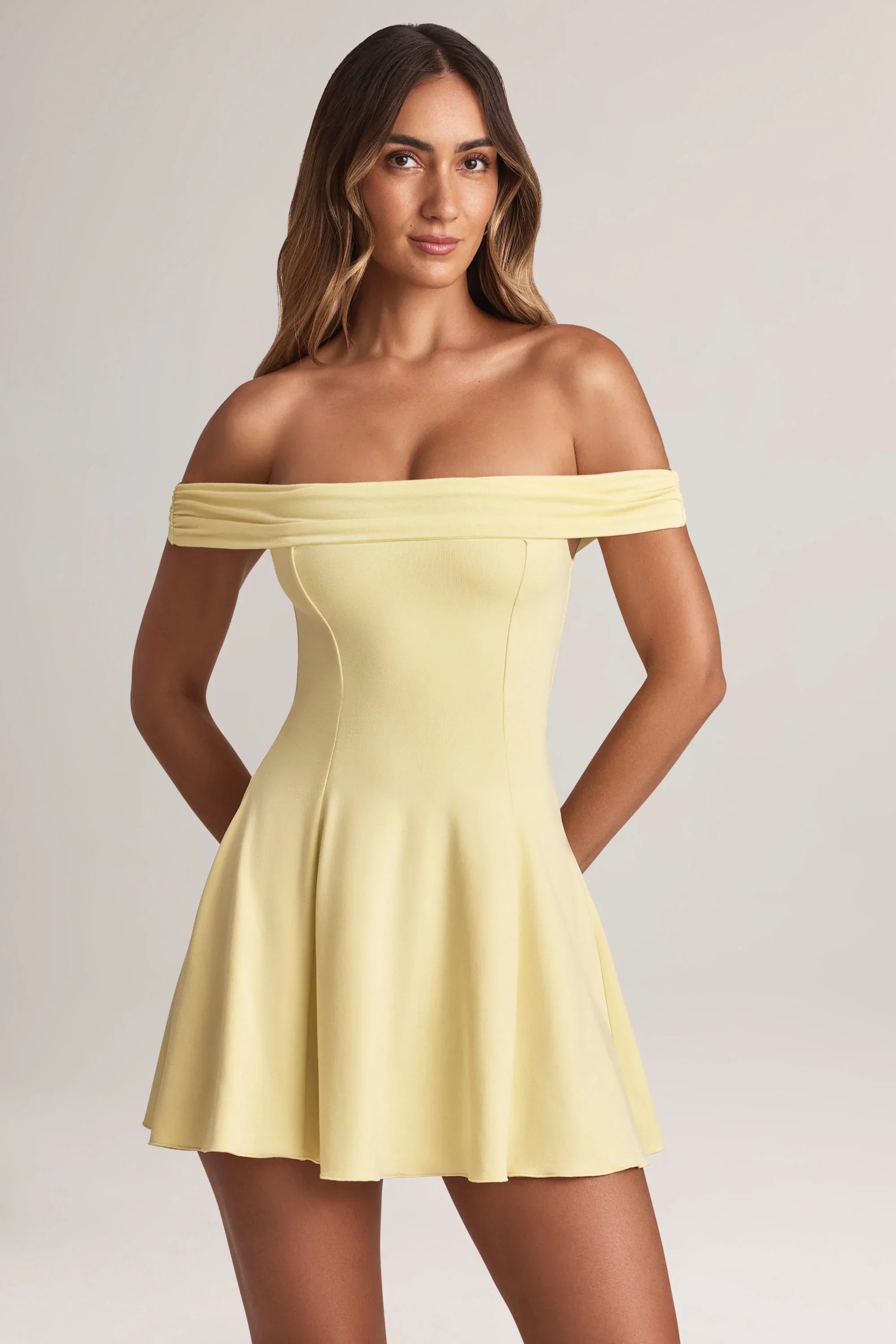 Modal Off Shoulder A Line Mini Dress in Lemon Sherbet