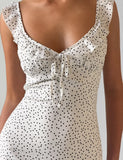 LOTTIE RUFFLE MIDI DRESS WHITE POLKA