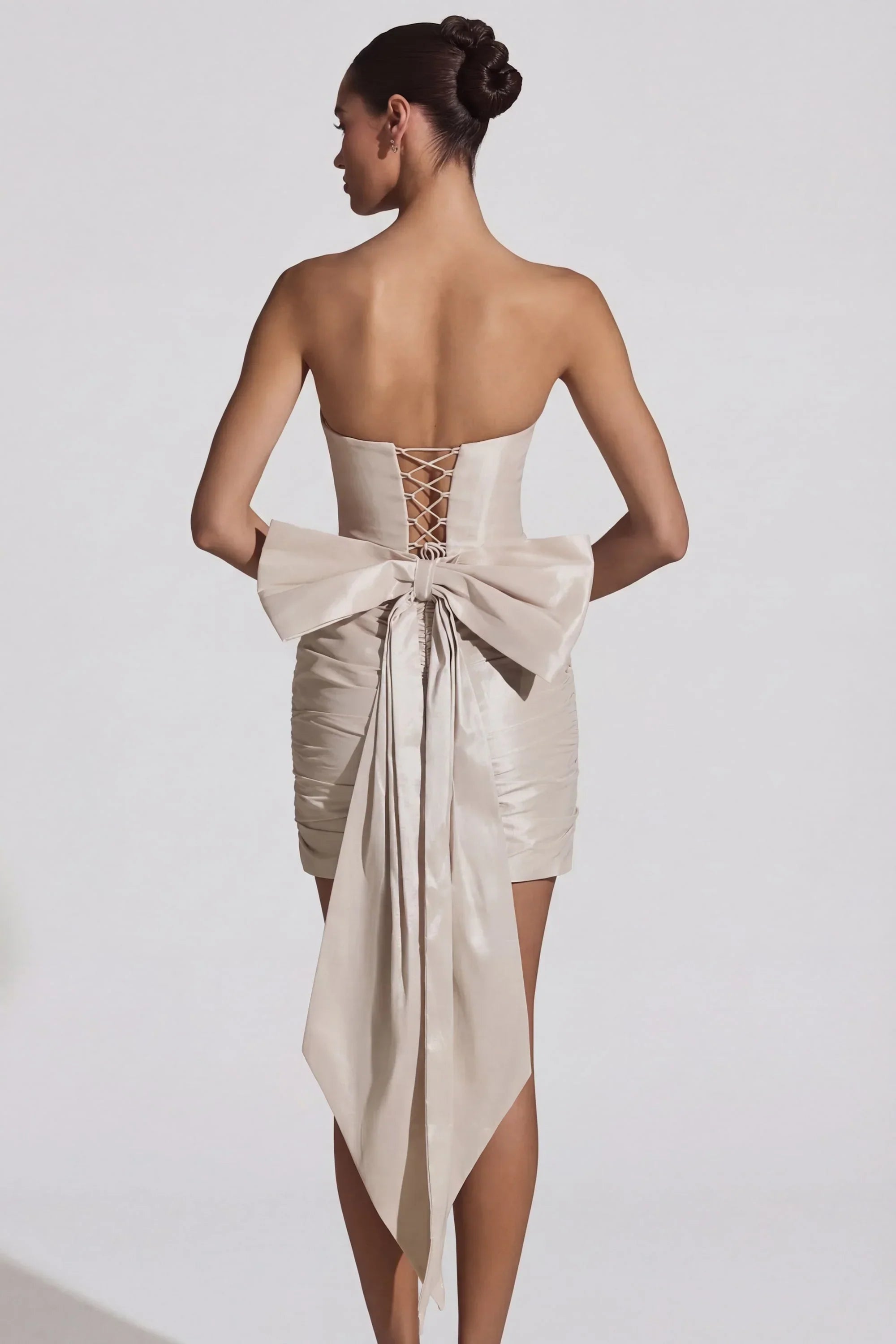 Satin Bow Detail Strapless Mini Dress in Ivory