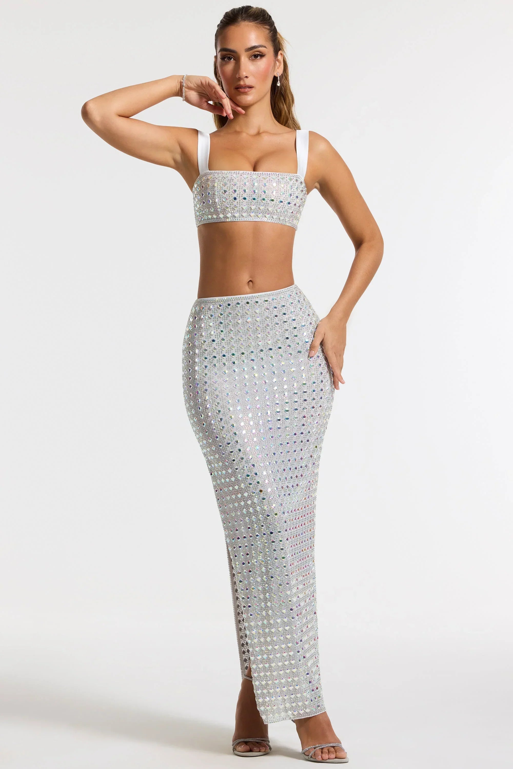 Embellished Mid Rise Gown Skirt in Silver