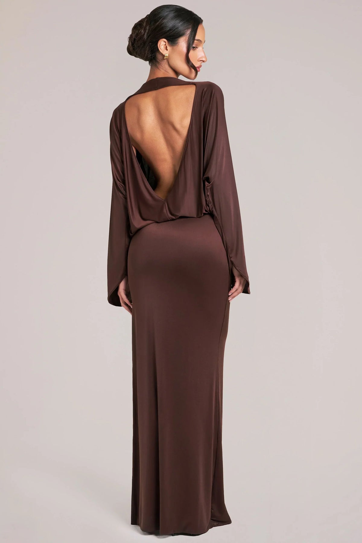 Long Sleeve Draped Maxi Dress in Chocolate Brown