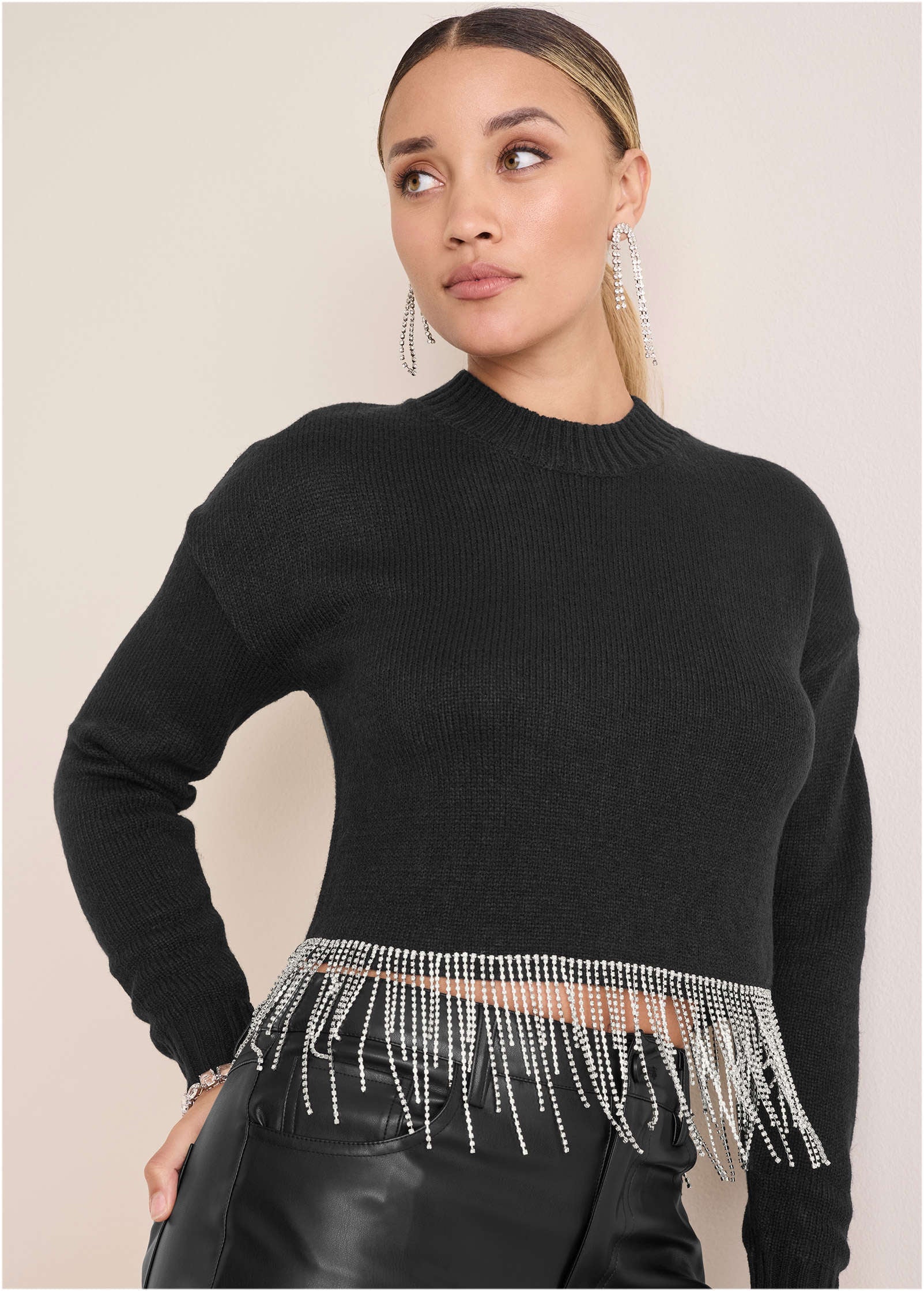 Rhinestone Trim Sweater Jet Black