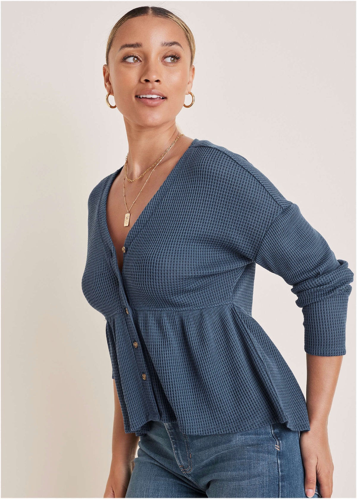 Waffle Babydoll Henley Vintage Indigo