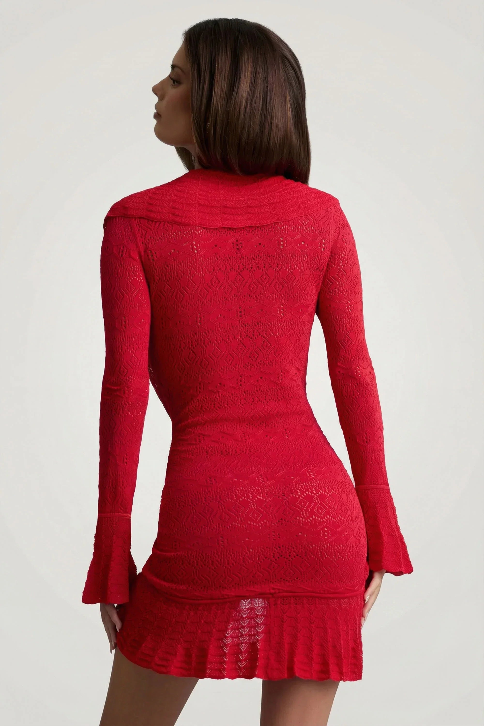Ruffle Trim Pointelle Knit Mini Dress in Scarlet Red